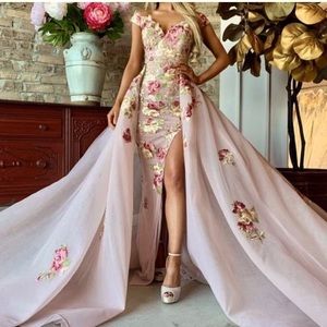 Showstopper pink and floral Portia & Scarlett overskirt gown